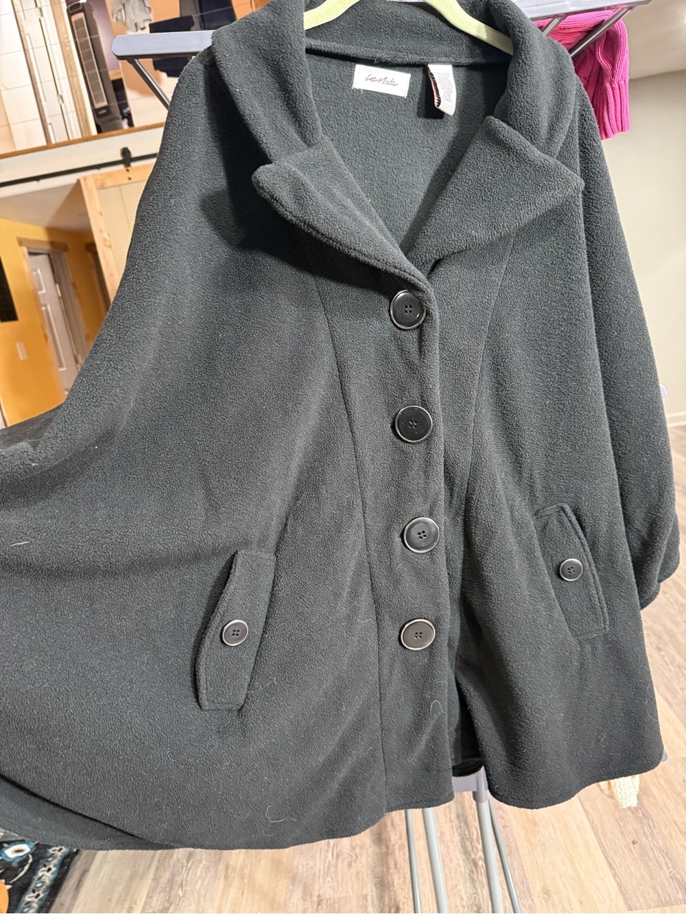Black Shawl-Collar Cape Coat with Button Front